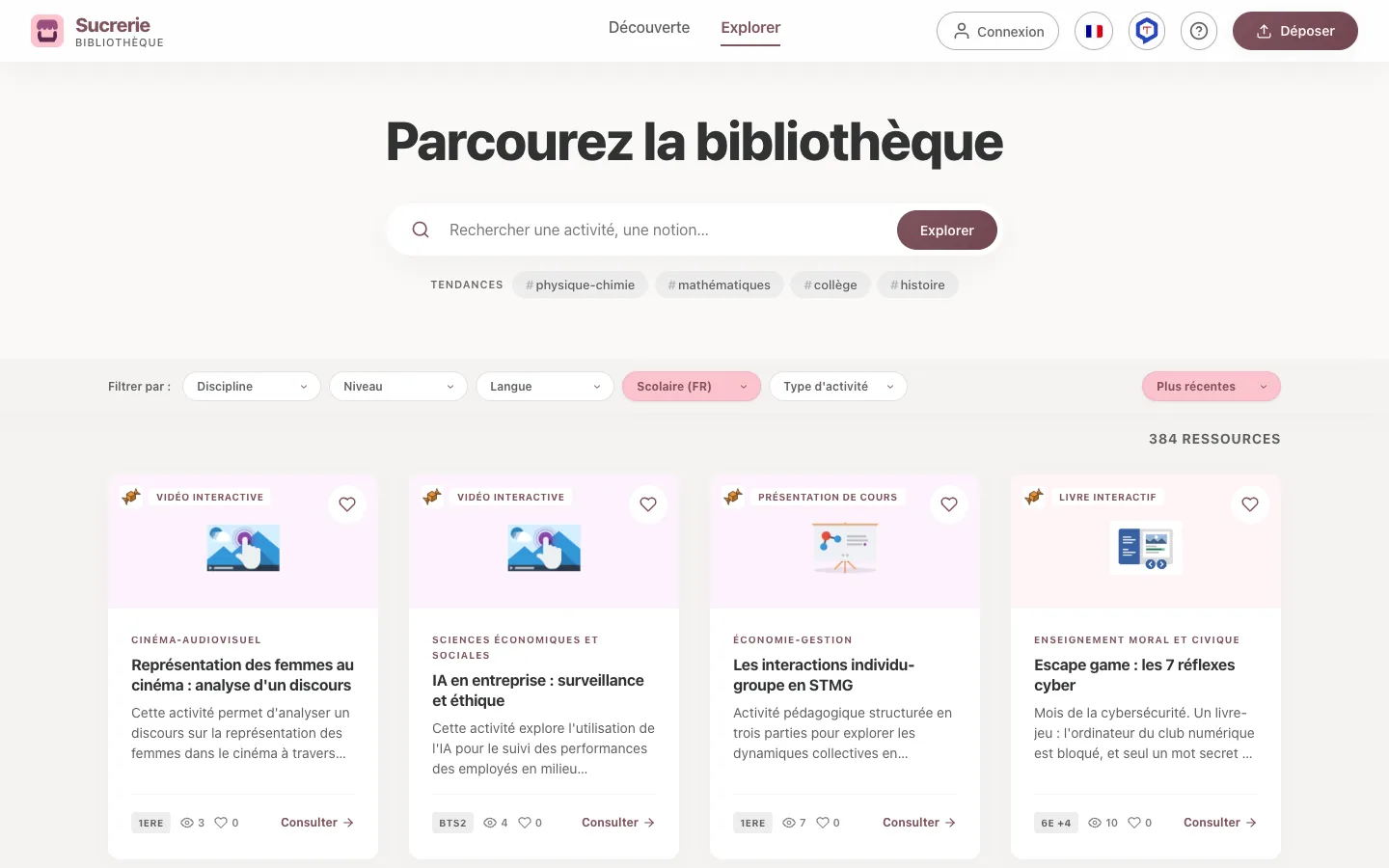 La page Explorer de la Sucrerie : la barre de recherche, les filtres et les cartes d'activités